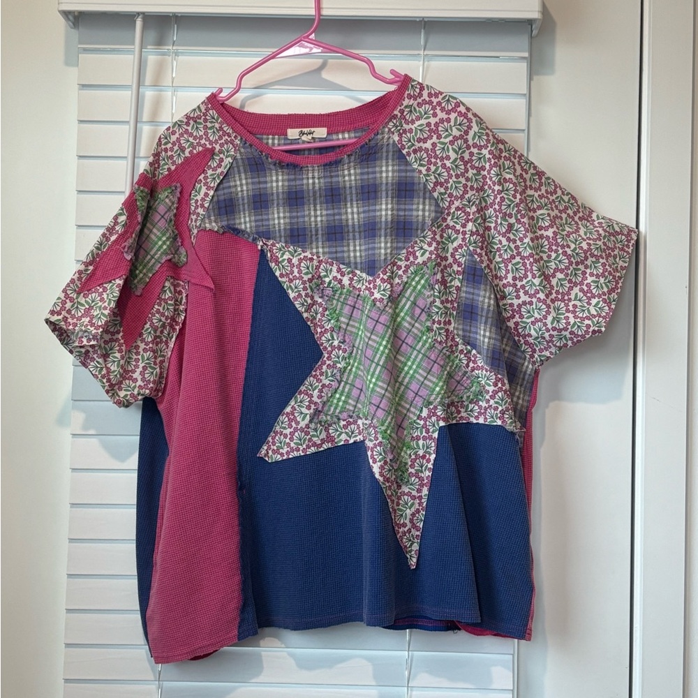 Blue Velvet Pink and Blue Star Patchwork Ladies Shirt